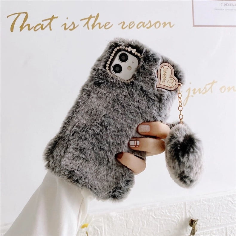 iPhone 12 Case 3D Cute Fur Girls, Hard Back Cover Full Body Winter
