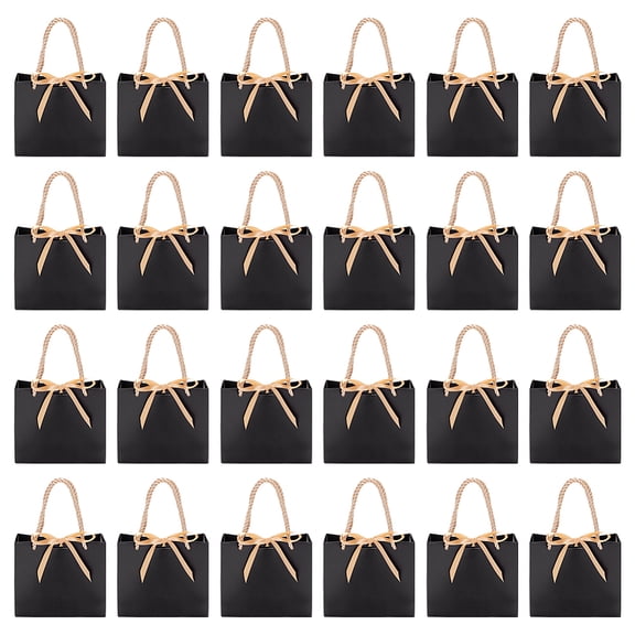 24 Set 24 Sets Black Gift Paper Bags Party Favor Bags with Handle and Bow Ribbon 4.7x5.5x2.4inch Portable Kraft Paper Gift Bag Candy Bags for Birthday Wedding Party Holiday