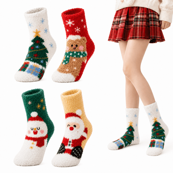 Fatomal 4 Pairs Fuzzy Socks for Women, Cute Cozy Soft Fluffy Socks, Winter Warm Home Sleeping Sock for Christmas