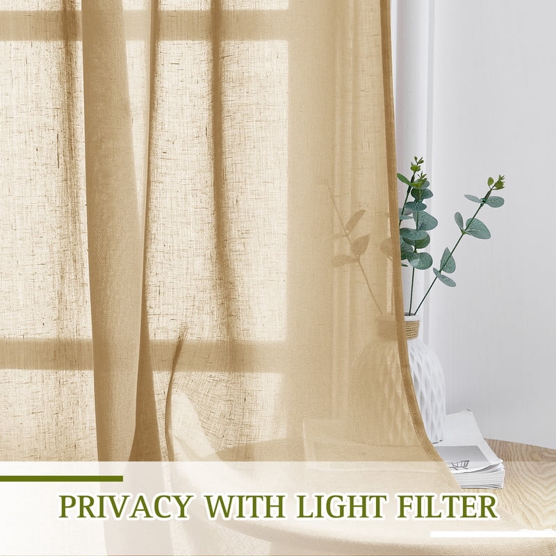 NICETOWN Camel Sheer Linen Curtains, Grommet Semi Sheer Linen Window Treatment Linen Weave Vertical Drapes Privacy with Light Filter for Living Room, 52"x90", 1 Pair