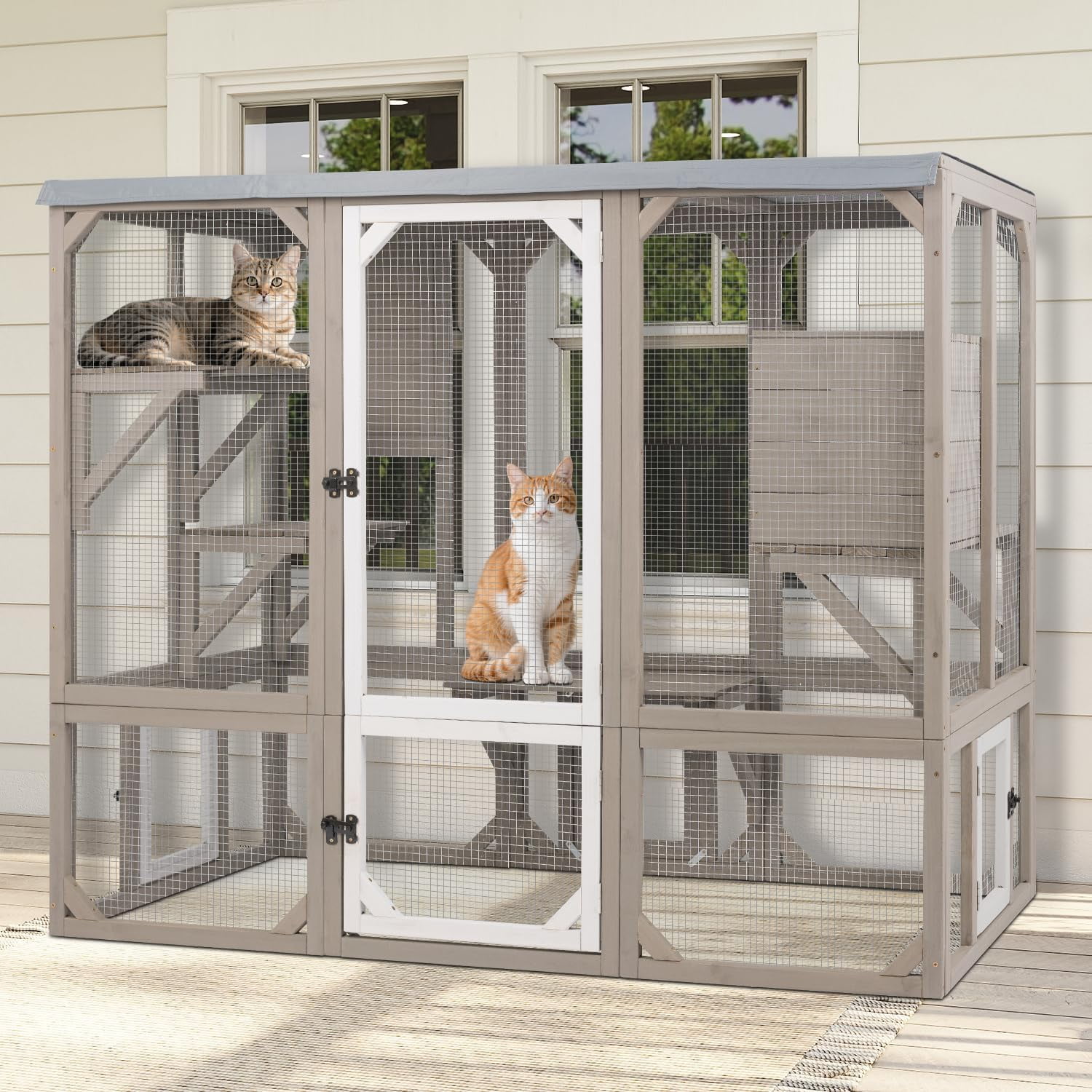 PETSCOSSET Large Catio Outdoor Cat Enclosure Window Access, Wooden Kitty Cage with Resting Room &3Platforms, Attached to Window