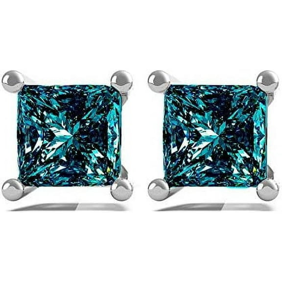 14K White Gold 1/6 Cttw Princess-Cut Blue Diamond Stud Earrings (2.25mm Each)