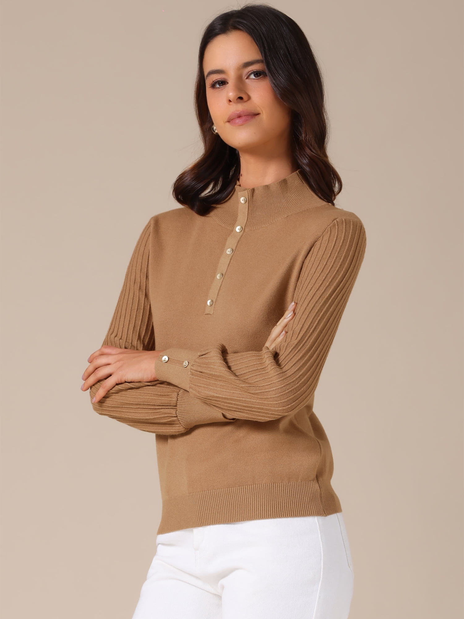DARING DIVA Women's Casual Mock Neck Long Sleeve Button Knit Top S Brown