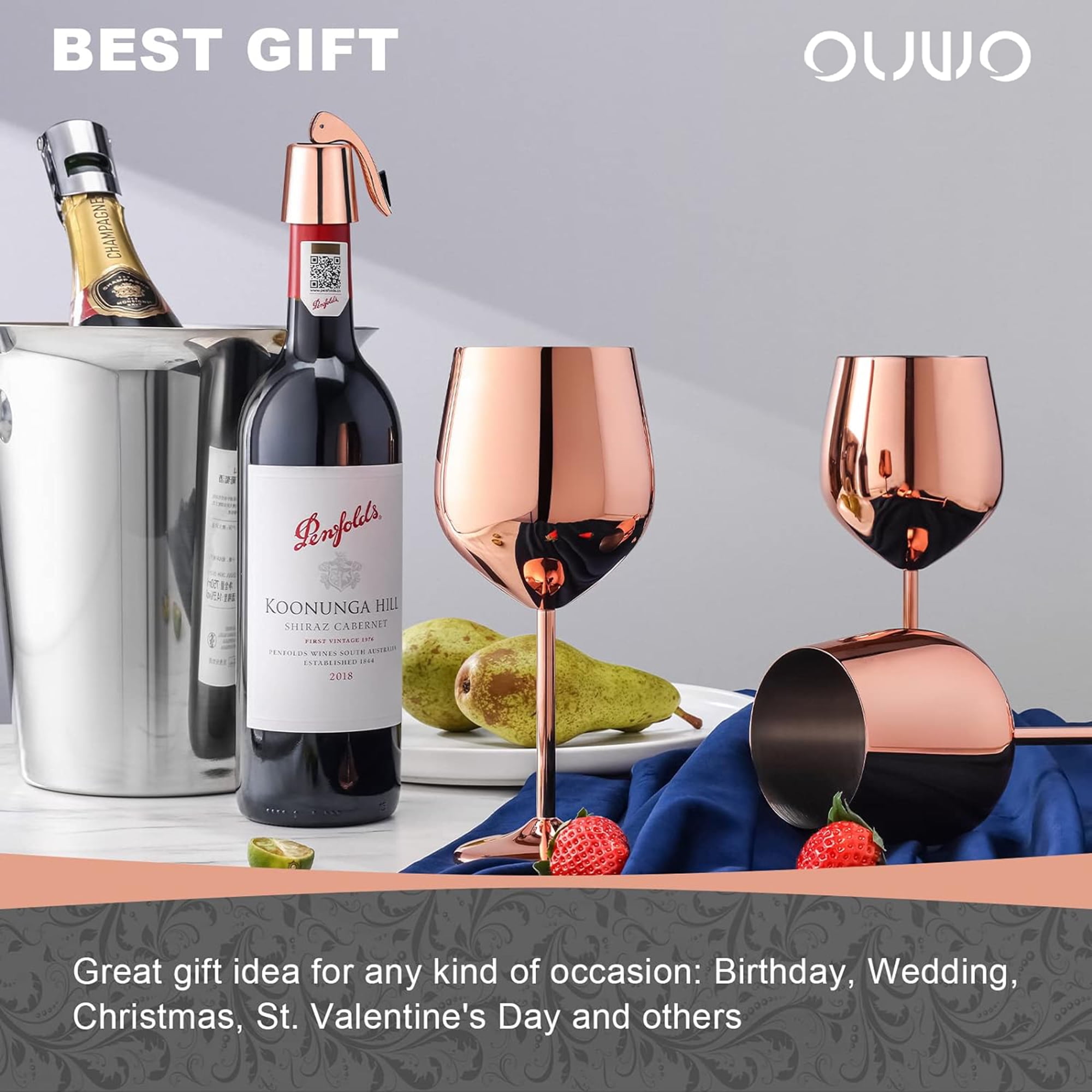 2 Pcs Rosegold 18oz Stainless Steel Wine Glasses, 18oz Unbreakable Metal Wine Glass