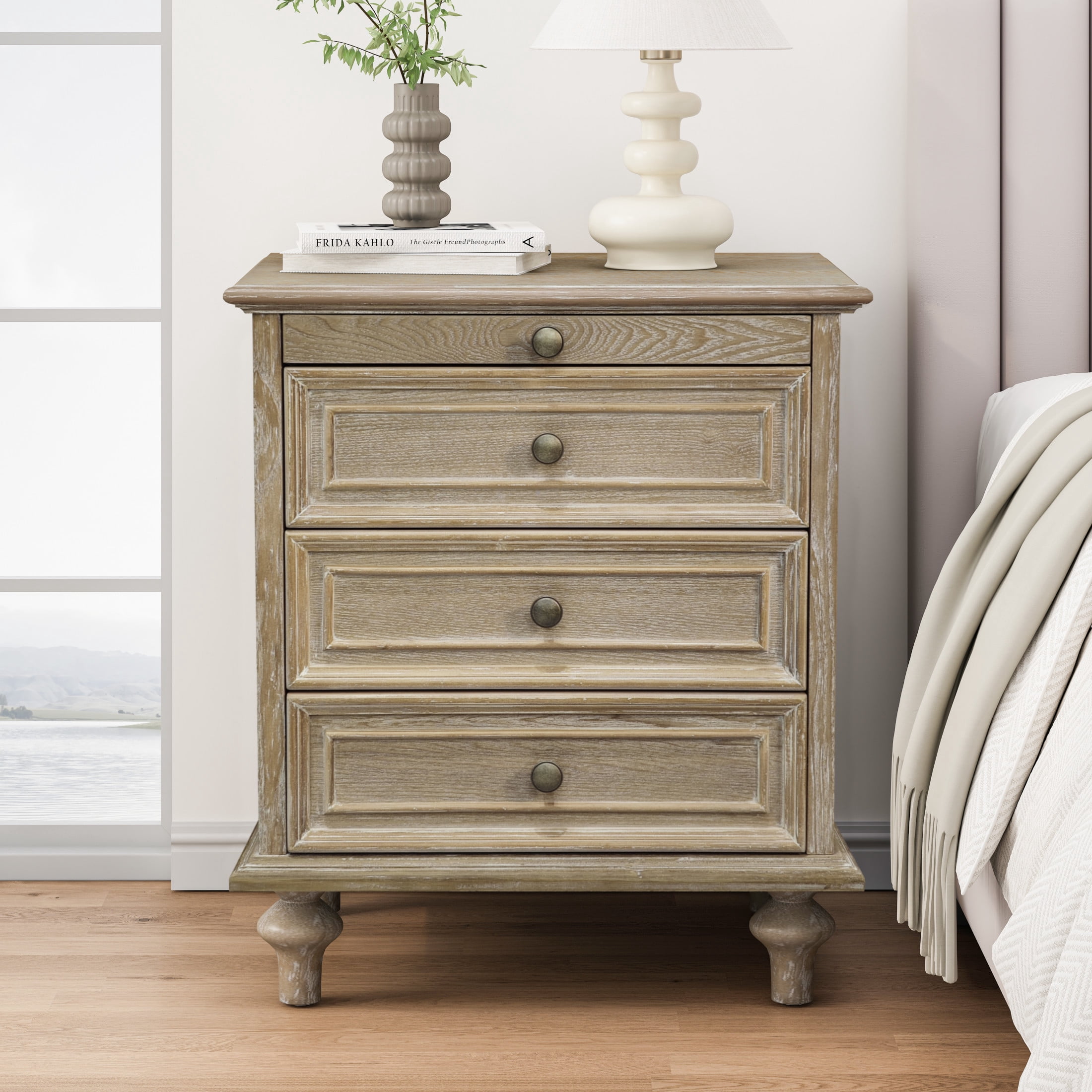 GDF Studio Farmhouse Nightstand with 3 Drawers & Pull-Out Tray, Solid Wood Legs, Natural+White