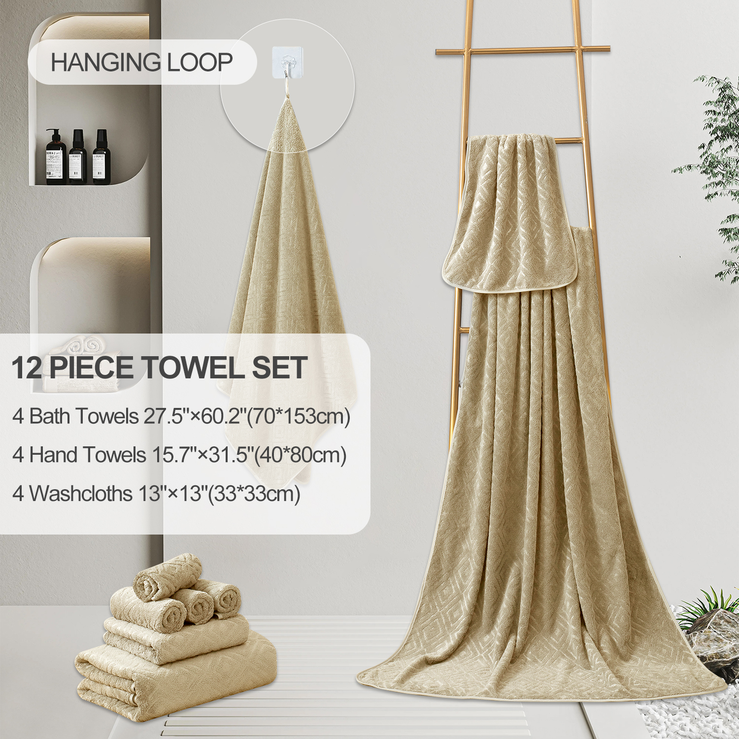 12 Piece Family Towels Set for Bathroom, Quick Drying, High Absorbent Ultra Soft Towel Sheet, Includes 4 Bath Towels, 4 Hand Towels, & 4 Washcloths (Dark Camel)