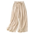 thumbnail image 3 of Women's Embroidered Wide Leg Pants, Cotton Linen Cropped Trousers with Elastic Drawstring Waist, Comfortable Breathable Summer Lounge Pants for Women Beige L, 3 of 4