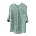 thumbnail image 2 of Elainilye Fashion Womens Long Sleeve Tops Solid Cotton and Linen Shirt 3/4 Sleeve Tops Button Cardigan V-Neck Tops Shirt,Green, 2 of 9