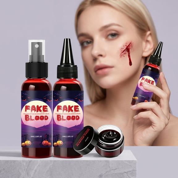 Pnmtdaia Halloween Realistic Fake Blood Set, Includes Spray Fake Blood Bottle Squeeze Fake Blood and Solid Coagulated Fake Blood Paste for Horror Makeup Cosplay Zombie Vampire Themed Party Decor