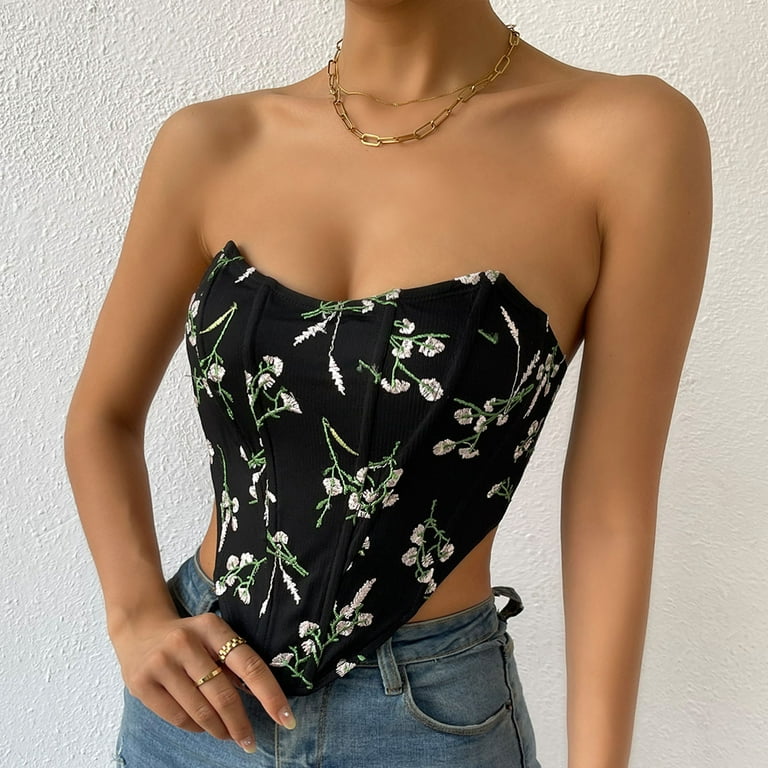 Olyvenn Summer Womens Strapless Shapewear Tube Tops Sleeveless Corset Tube  Bra Tanks Backless Flower Embroidery Shirts Sexy Off Shoulder Cami Cropped