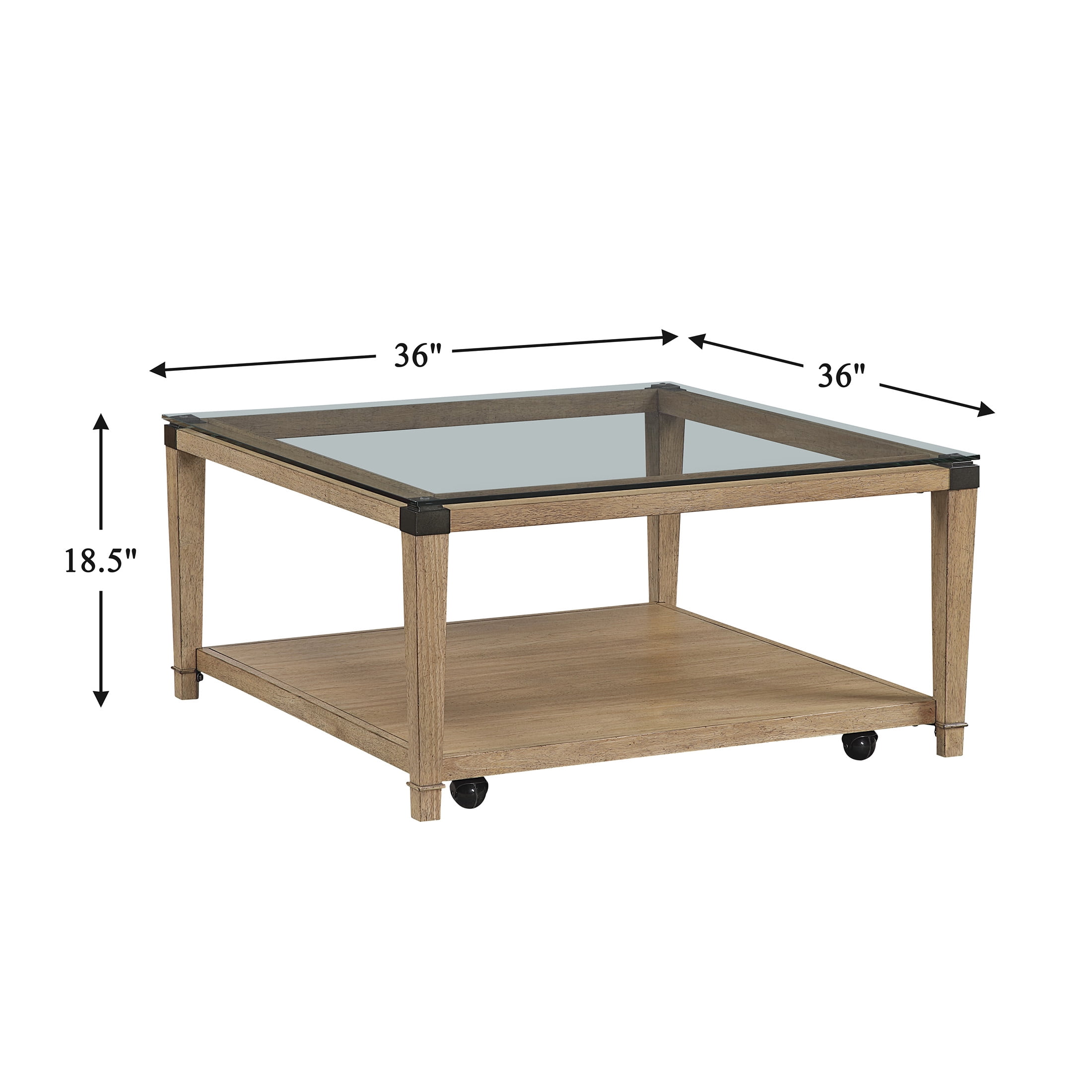 OakvillePark Velor Wood Coffee Table with Tempered Glass Top, Open Shelf, Casters, Brown