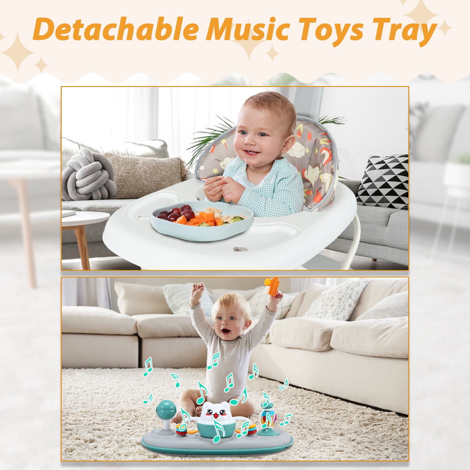 Activity Baby Walker for Girls and Boys, 5-in-1 Baby Walker with Music Toys, Height Adjustable, Grey