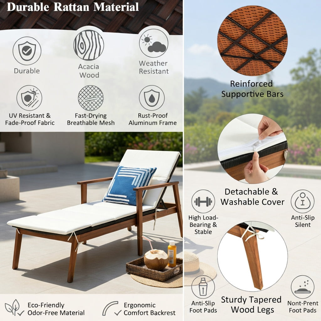 Hommoo 3-Piece Outdoor Rattan Lounge Chair Set with Foldable Side Table, Adjustable Reclining Patio Seating for Deck, Pool & Backyard, White