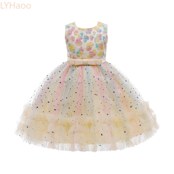 LYHaoo Toddler Kids Girls Prints Sleeveless Party Hoilday Photography Costome Court Style Tulle Mesh Dress Princess Clothes,Girls Casual Dresses Sizes 3-4 Years Beige