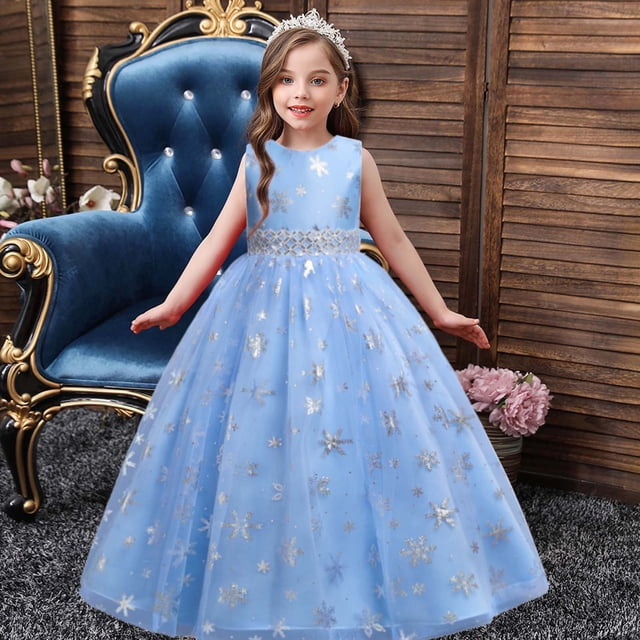 Weiqiqre Robes Décontractées pour Filles, Robe Enfant Fille Sans Manches Robe Princesse Motif Flocon de Neige Imprimé Filet Longue Robe Canonique