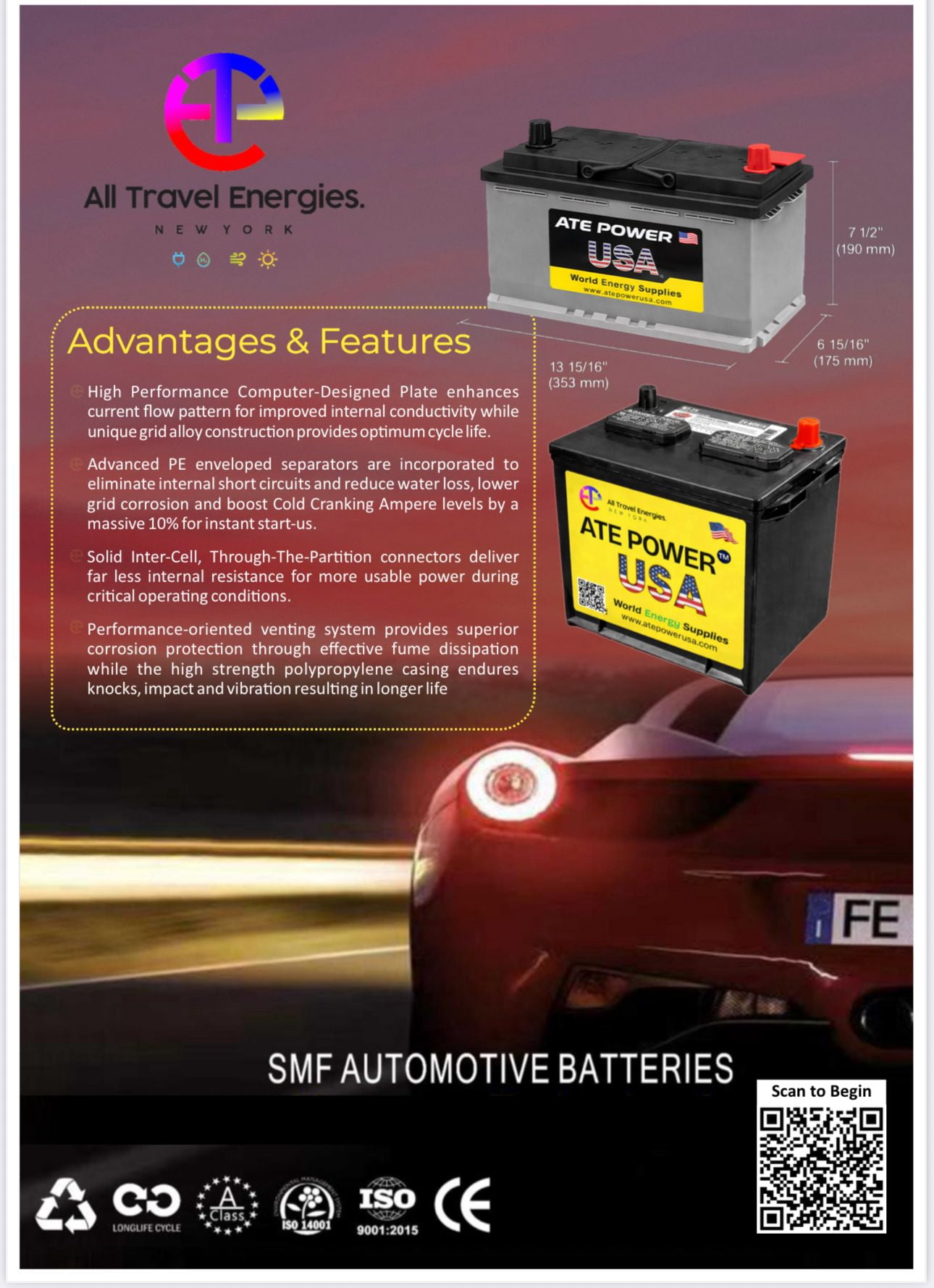 ATE CHG  AGM-70AH Automotive Battery – Maintenance-Free High Performance Car Battery with Calcium Lead Grid, Leak-Resistant Design,  and 3-Year Free Replacement Warranty