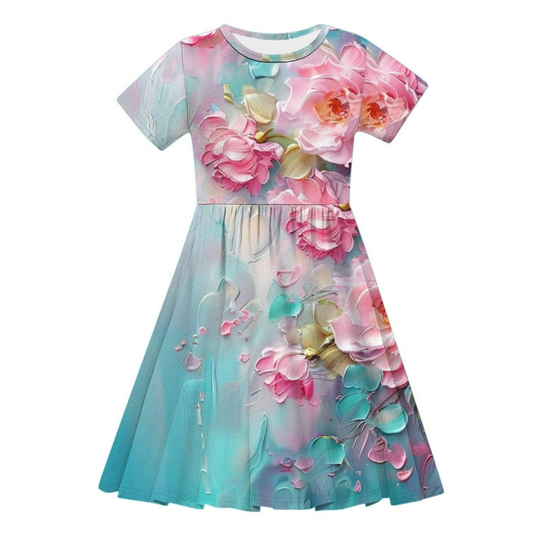 MKOSPLRT Girls Summer Stretchy Dress A Line Twirly Skater Dresses Short  Sleeve Crew Neck Retro Print Dress Casual Swing Sundress 4-14Y