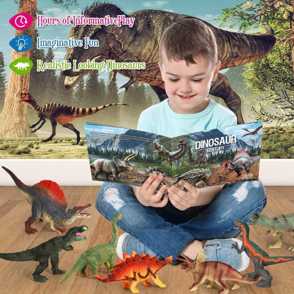 VKZON 12pcs Jumbo Realistic Dinosaur Toy PVC Model Action Figure Set With Dino Book ,Educational Learning Toy Collector Figure Gift For Kids