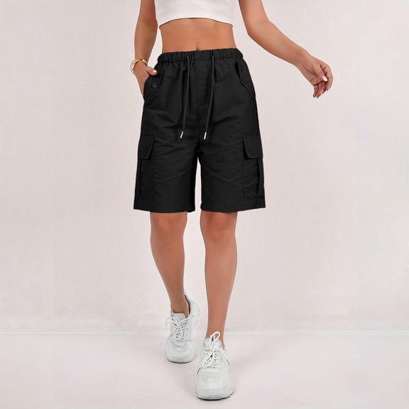 Cargo Shorts Women Lightweight Waterproof Bermuda Shorts Knee Length Summer Camping Hiking Shorts with Pockets Black XL