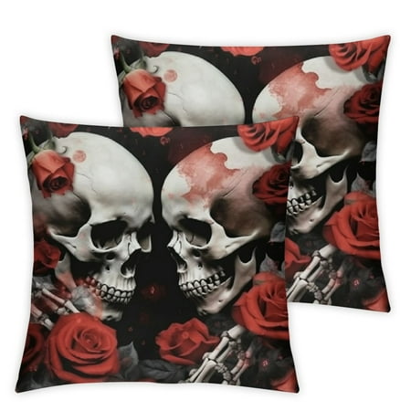 

RUIYC Skulls Roses Grunge Aesthetic Short Plush Pillow Case Set of 2 for Home Decor 18x18in