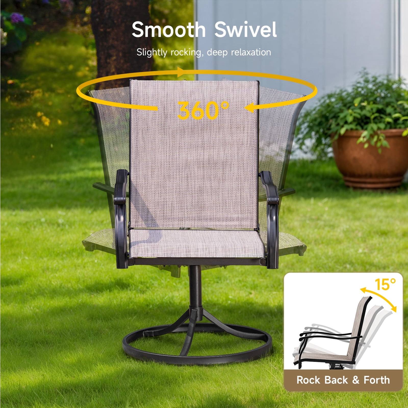 Dovov Patio Swivel Chairs Set of 2, Outdoor Dining Chairs High Back All Weather Textilene Swivel Patio Chairs with Metal Rocking Frame for Lawn Garden Backyard Deck Porch, Brown