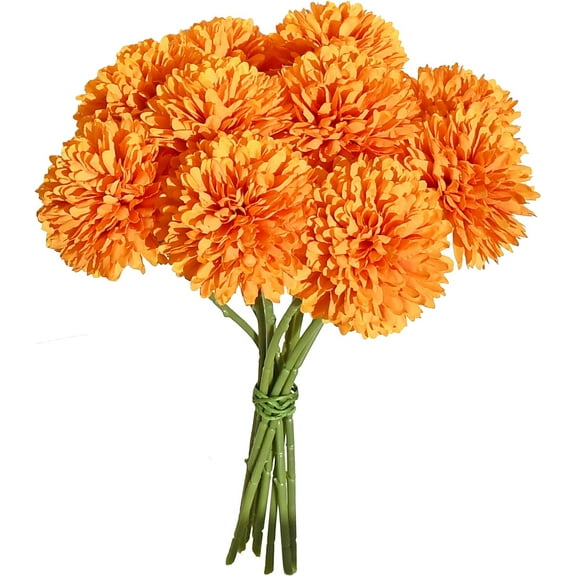 12pcs Orange Fake Flowers 12" Artificial Chrysanthemum Ball Silk Flowers Bouquet for Home Kitchen Wedding Table Arrangement Decorations