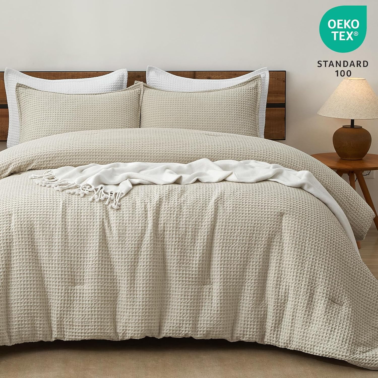 PHF 3-Piece Waffle Weave Comforter Set Queen Size, Lightweight Comfy Bedding Set for All Season, Ultra Soft Textured 1 Comforter with 2 Pillow Shams, Linen