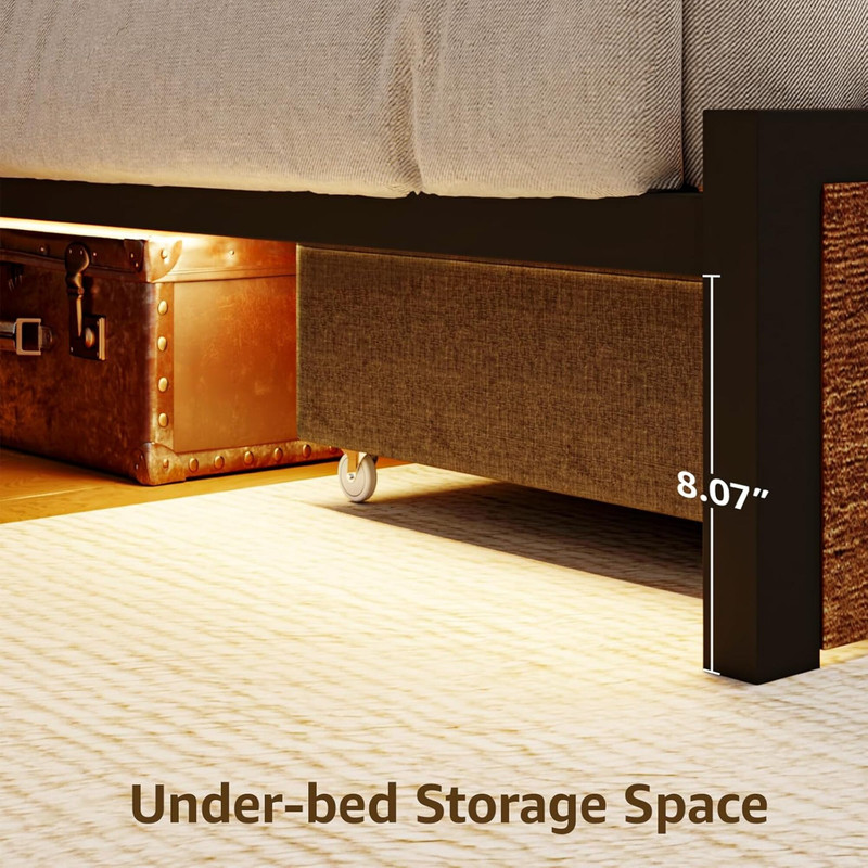 Queen Bed Frame with 4 Storage Drawers, Upholstered Velvet LED Button-Tufted Headboard, and Wooden Slats - No Box Spring Needed, Brown