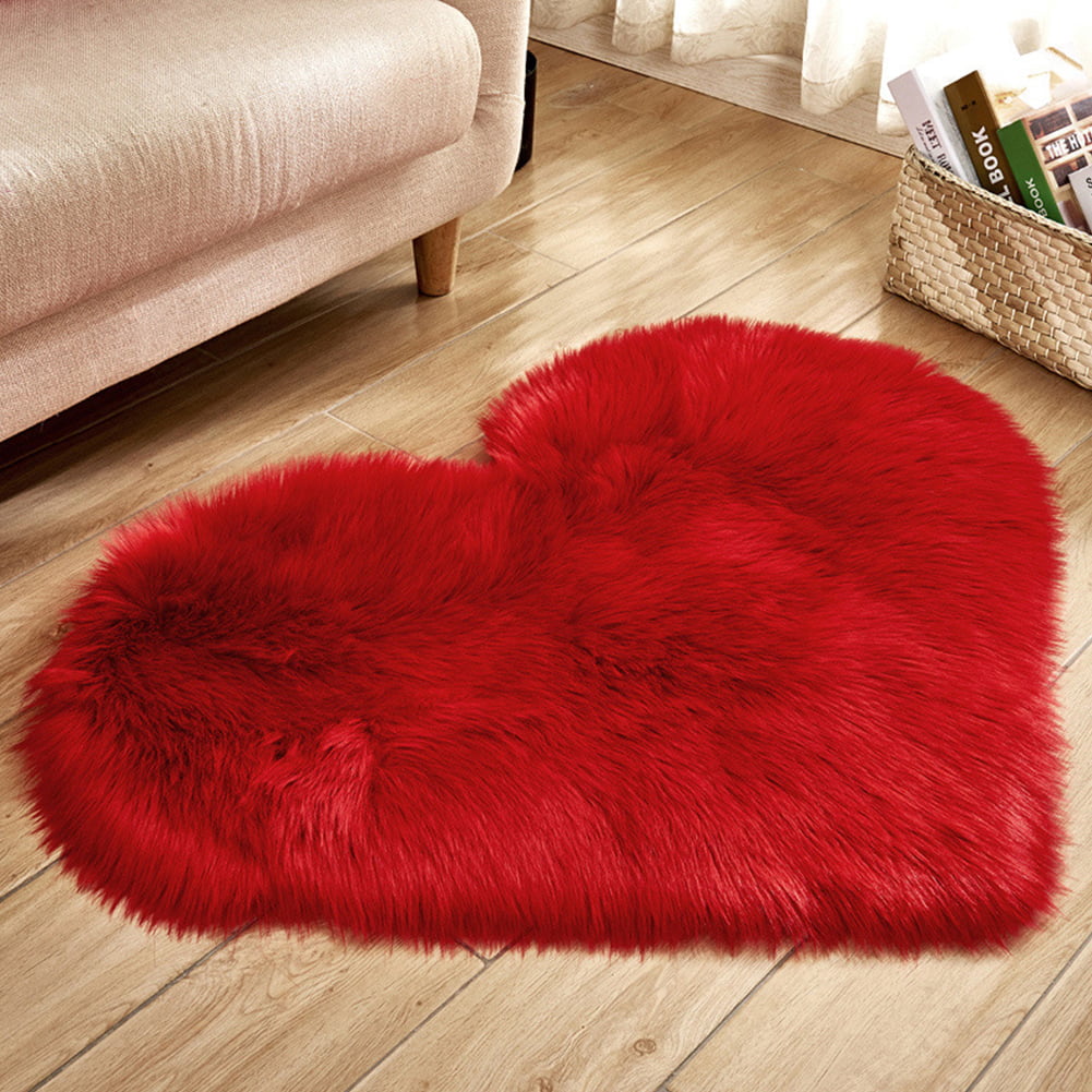 Heart Shaped Artificial Wool Sheepskin Rug Hairy Faux Floor Mat Fur Plain Fluffy 