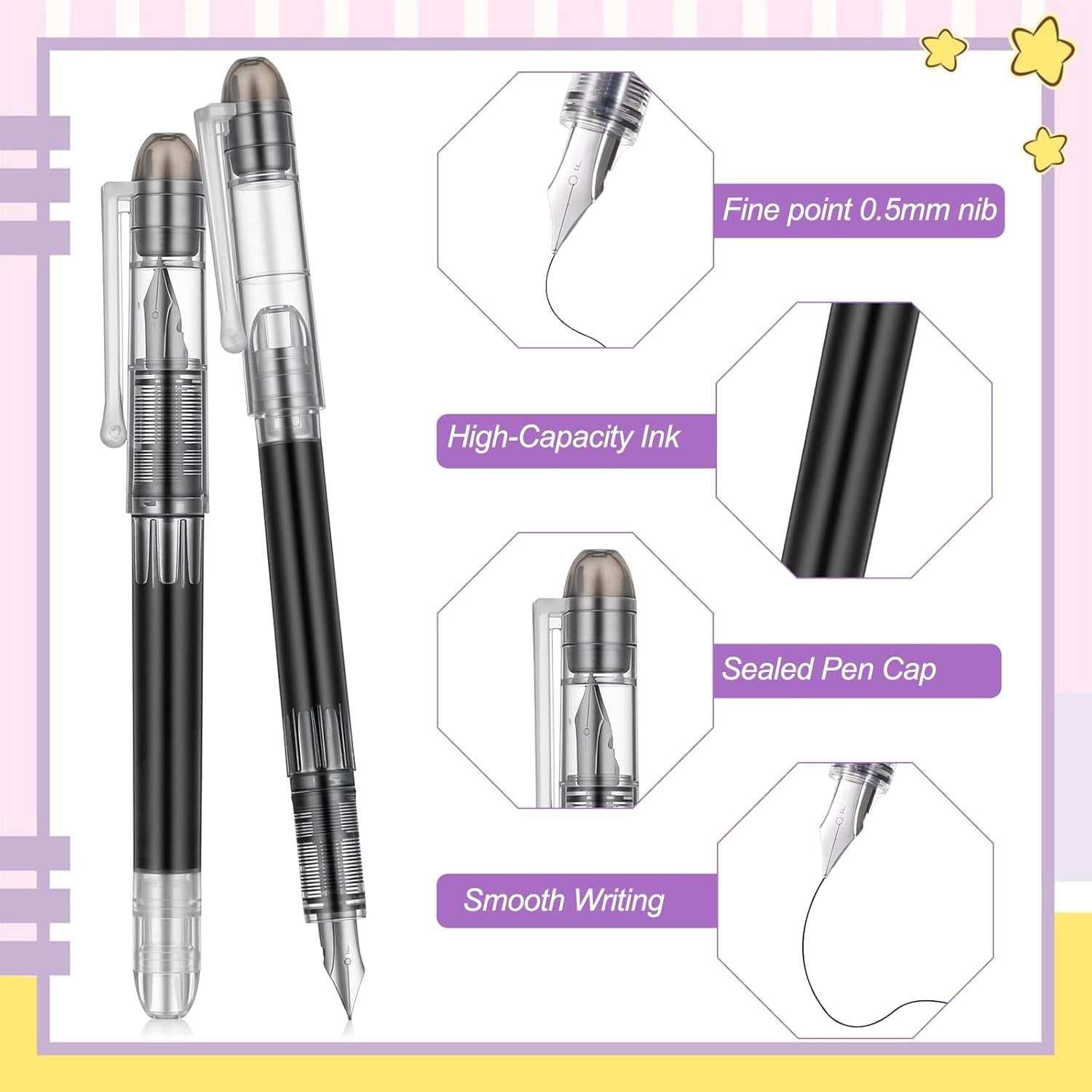 36 Pcs Disposable Fountain Pens, Quick Drying 0.5mm Black Ink Pens Smooth Writing Calligraphy for Journaling Office Sketching Doodling Beginner Artist Gifts