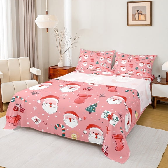 Manfei Cartoon Santa Claus Twin Sheet Sets,Red Xmas Stocking Twin Fitted Sheet,Happy Christmas Flat Sheet For Teens,Super Cozy Room Decor,3-Piece