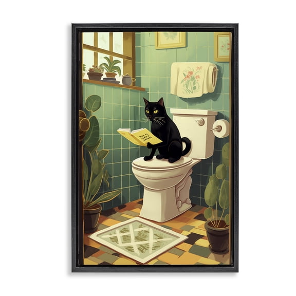 Cat Reading On Toilet Black Framed Floater Canvas Wall Art, design by Andreas Magnusson