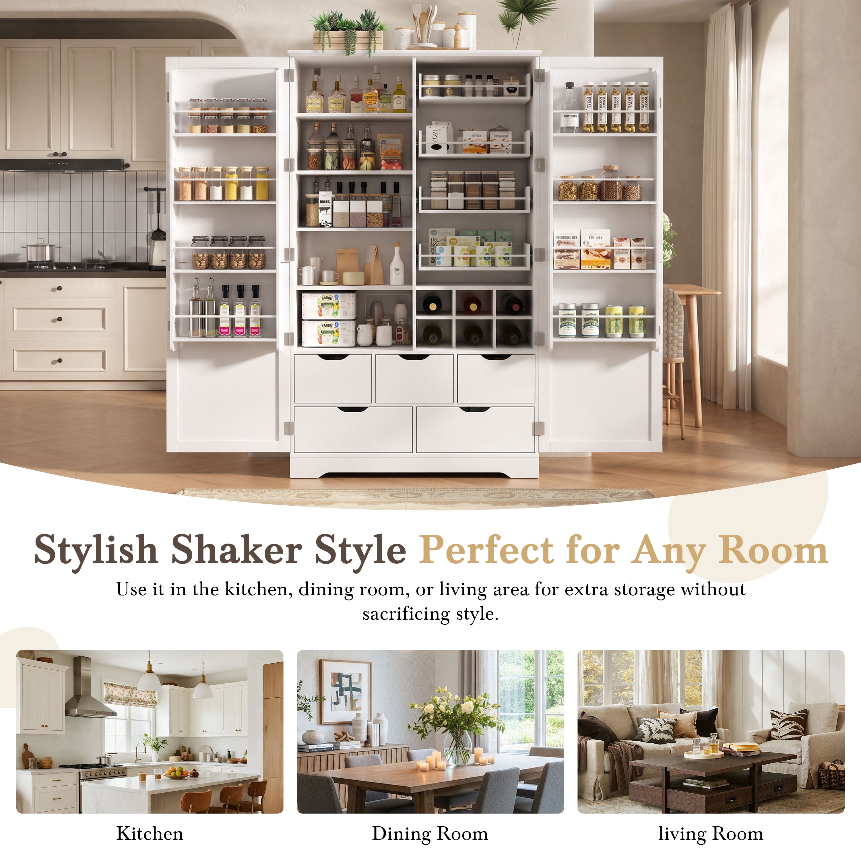 Mintazer 72" Tall Freestanding Kitchen Pantry Cabinet with 5 Drawers, Adjustable Shelves, Pull‑Out Trays & Door Storage Racks for Kitchen Dining Room Living Room, White