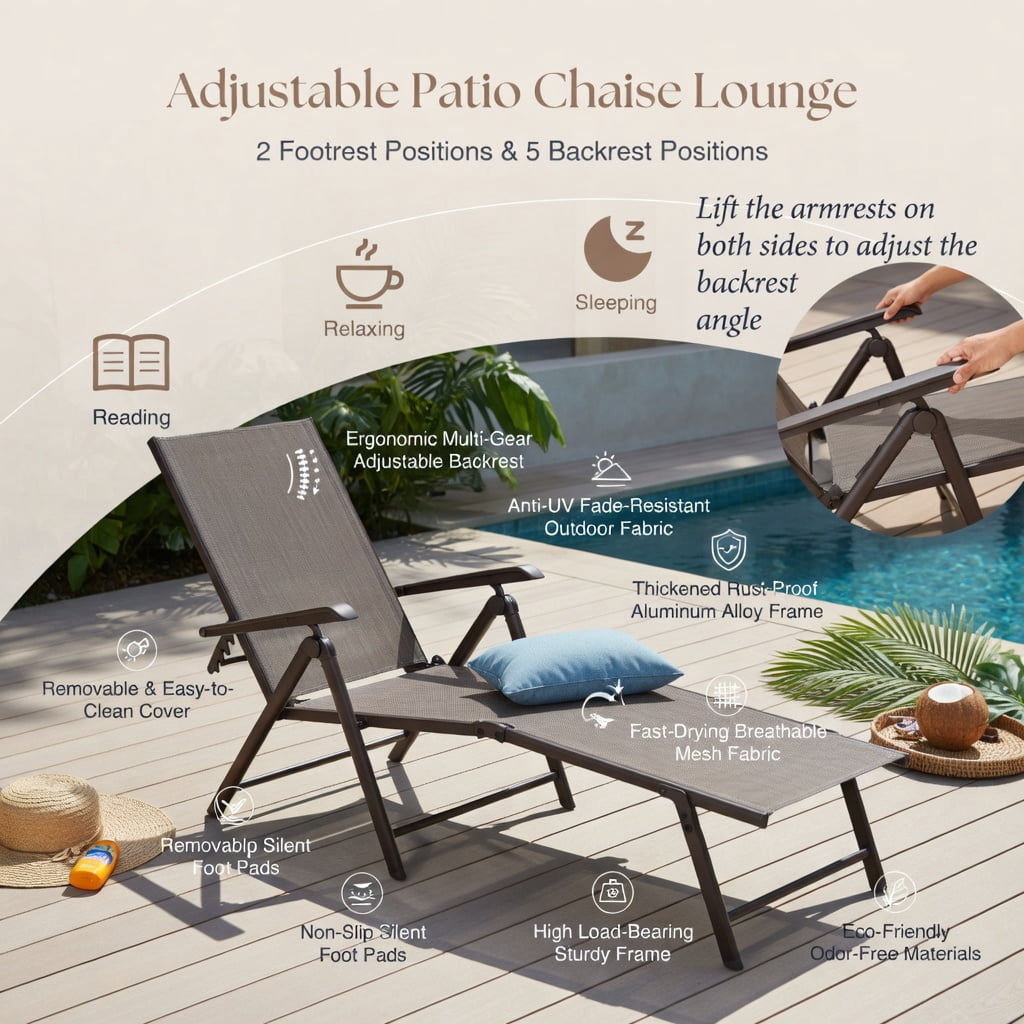 Hommoo 2-Pack Foldable Chaise Lounge Chair with 5-Position Reclining Backrest & 2-Position Adjustable Footrest, Steel Frame Outdoor Patio Lounger, Brown