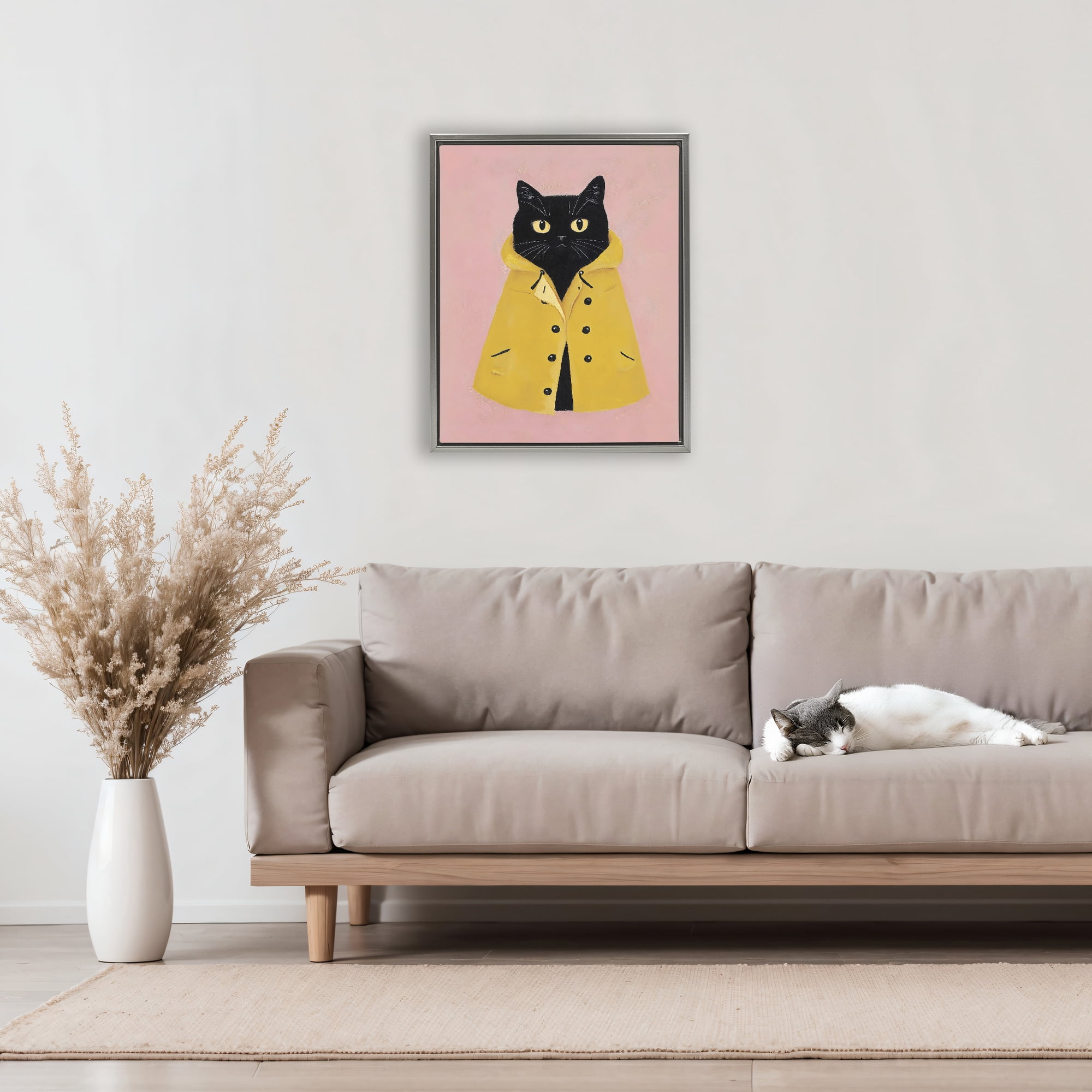 Stupell Industries Black Cat in Yellow Raincoat Gray Framed Floater Canvas Wall Art, design by The Prints Vibe