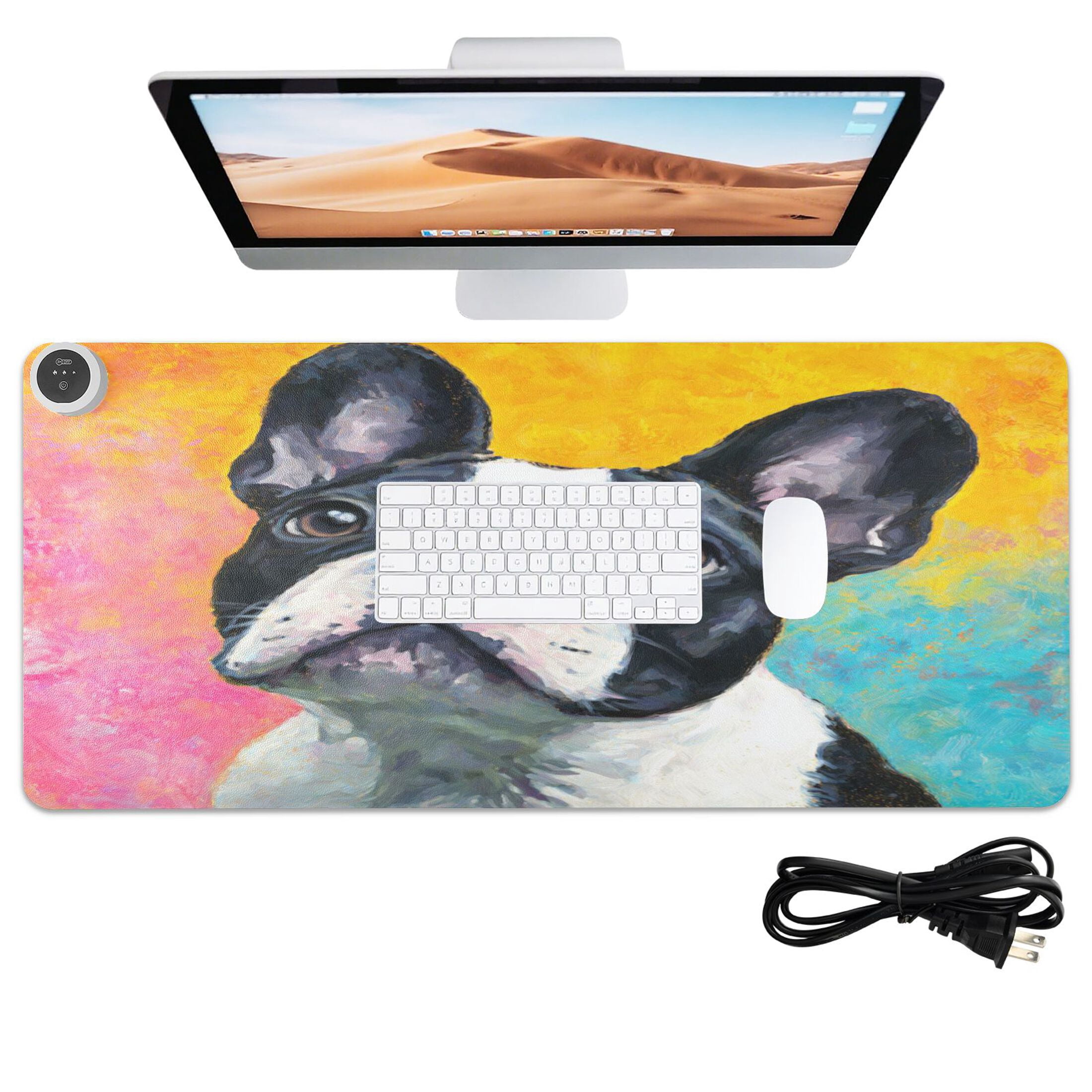 Large Heated Desk Mat Mouse Pad 31.5"x13"PU Leather Graphene Heating Desk Warmer with 3 Temperature Settings 110V US Plug Non-Slip Warm Pad for Home, Office, and Gaming Rainbow French Bulldog Canvas