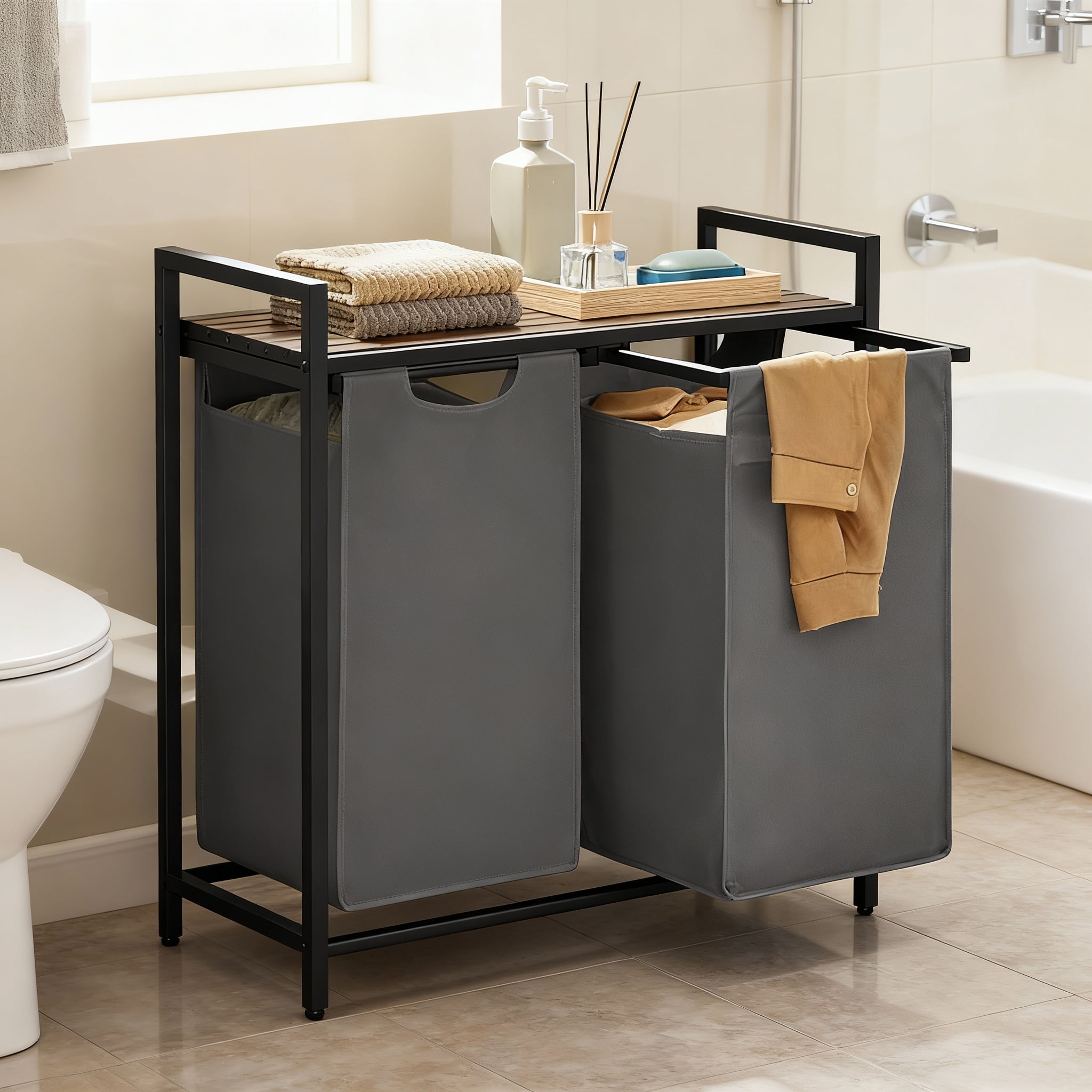 Laundry Sorter Hamper with 2 Pull-Out Bags, Detergent Shelf, Sturdy Metal Frame & Adjustable Feet, 24.2 Gallons Capacity, 2-Compartment for Clothes Organization, Rustic Brown，Gray