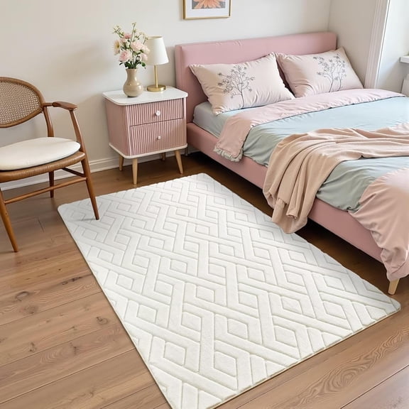 3x5 Cream White Washable Area Rug for Girls Bedroom, Modern Geometric Shag Non-Slip Living Room Rugs, Fluffy Plush Soft Memory Carpet for Room Room Dorm Bedside Decor