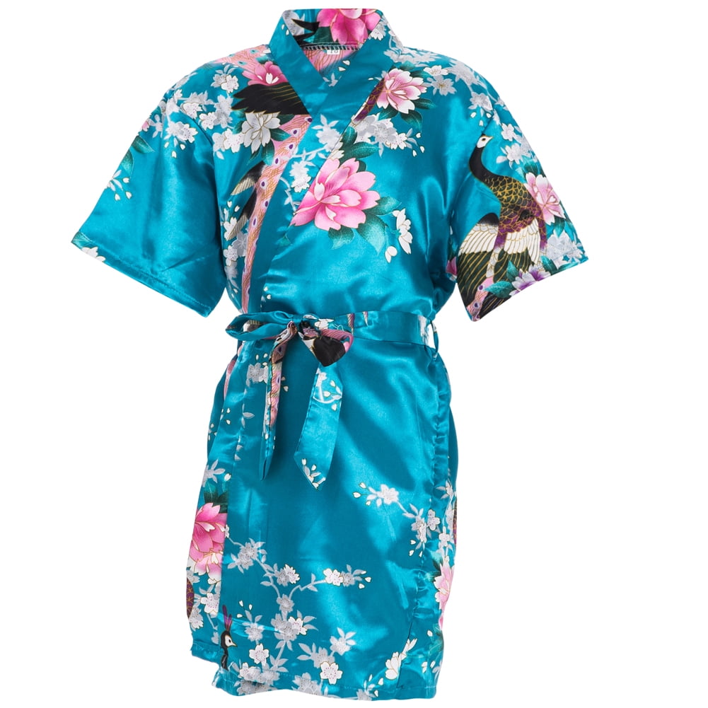 Mr & Mrs Right Kids Satin Floral Kimono Robe,Flower Girl Bathrobes for