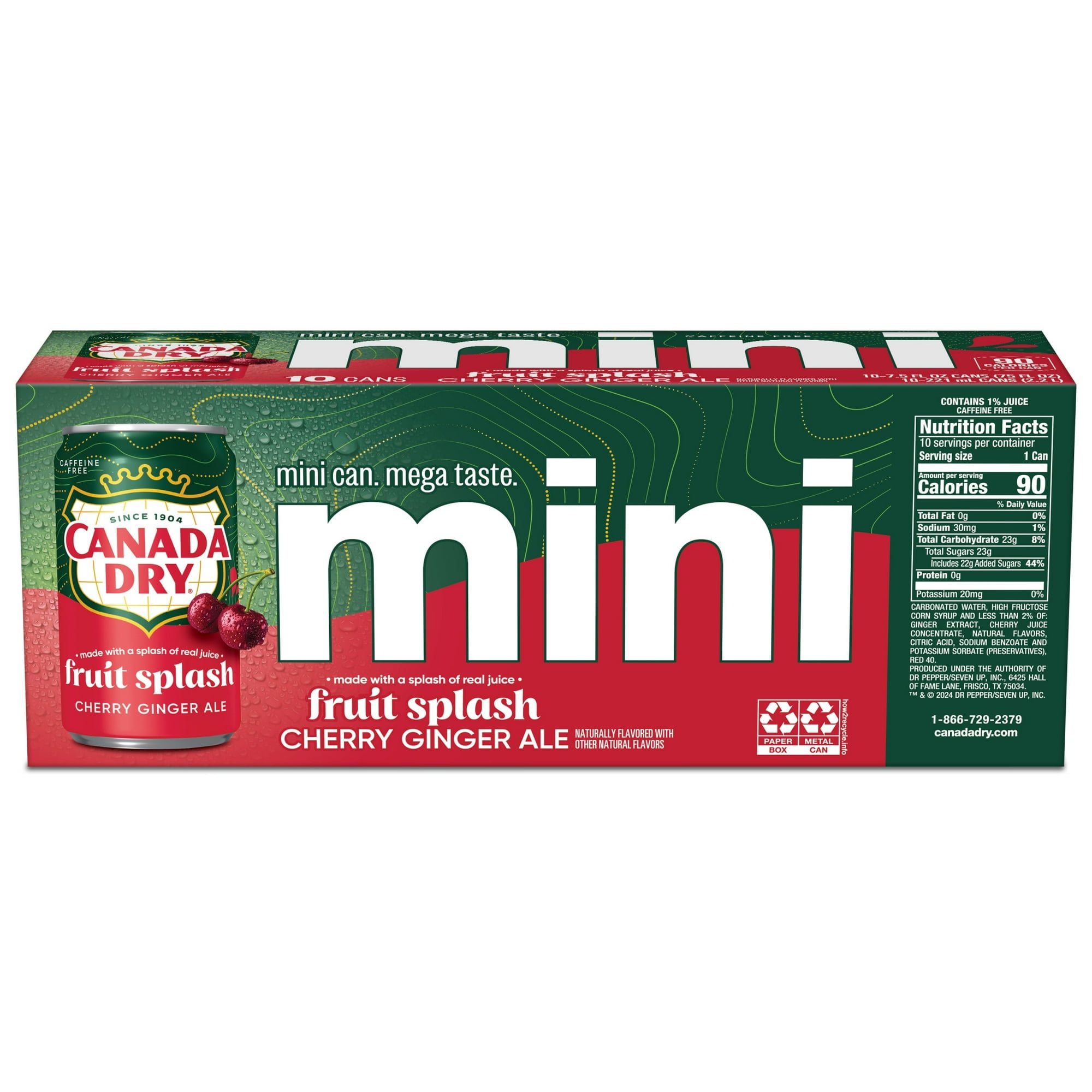 (2 Pack) Canada Dry Caffeine Free Fruit Splash Cherry Ginger Ale Soda Pop, 7.5 fl oz, 10 Pack Mini Cans
