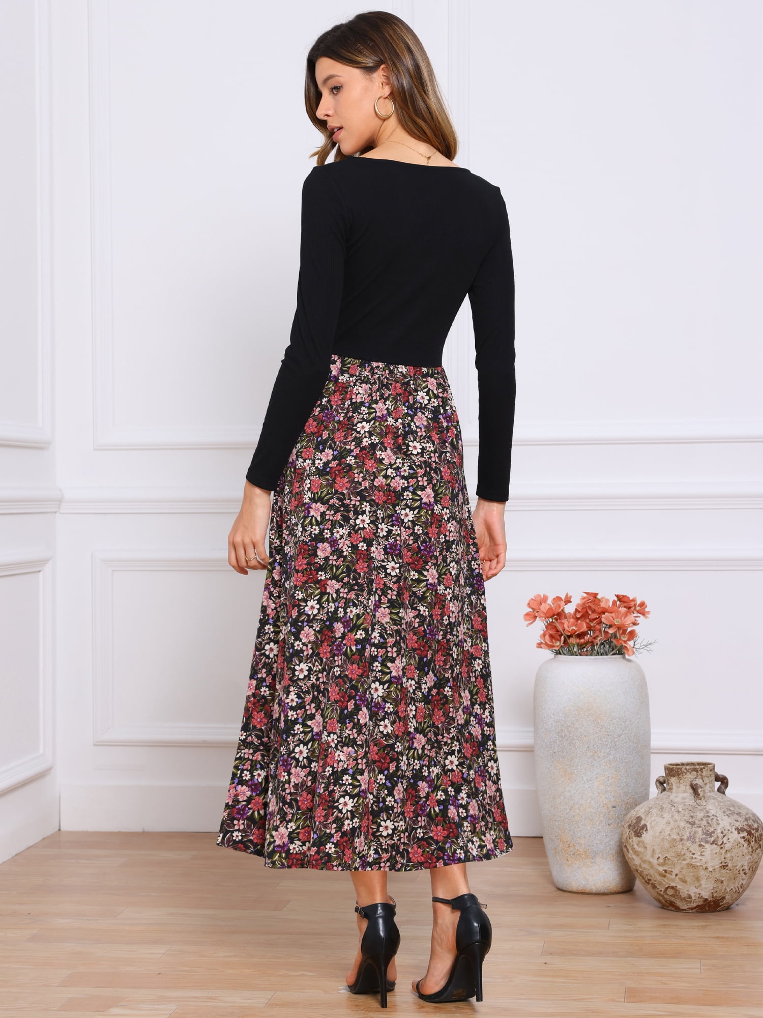 DARING DIVA Maxi Swing Long Sleeve Square Neck Floral Cocktail Dress M Black Red