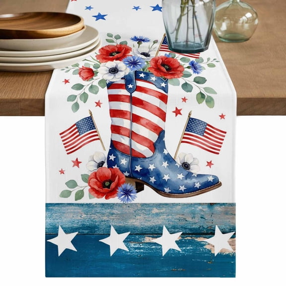 Independence Day Table Runner 108 Inches, American Flag Boots Red Blue Flowers Stars Bed Runner Dresser Scarves Tabletop for Indoor Outdoor Parties/Ceremony/Banquet, 13"x 108"