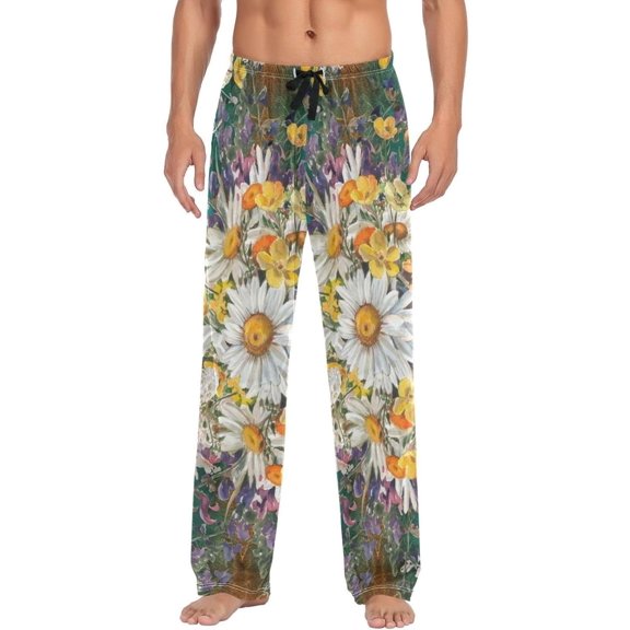 Chamomile Flowers Ghost Pajama Pants, Men's Lounge Pants Light with Drawstring and Pockets, Christmas New Year Birthday Father's Day Gifts, Small