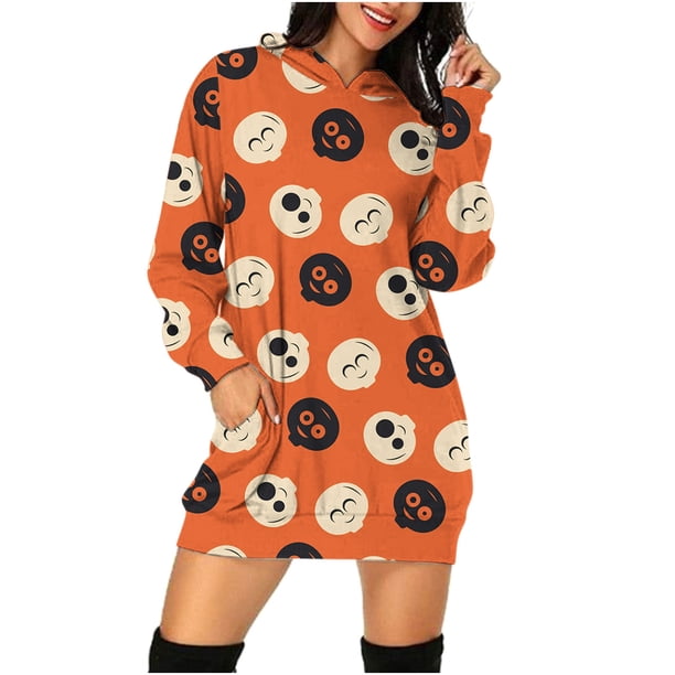 Mini vestido suelto de moda con capucha y manga larga para mujer con estampado de Halloween Pompotops hdfakjf9234