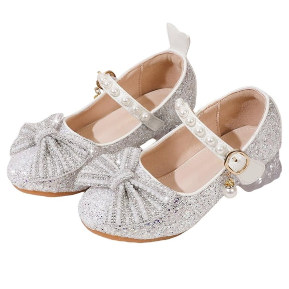FAHXNVB Girls Mary Jane Shoes Low Heels Pearl Strap Bow Glitter Dress Shoes Wedding Birthday Party Sparkly Princess Shoes 4.5-11.5 Years