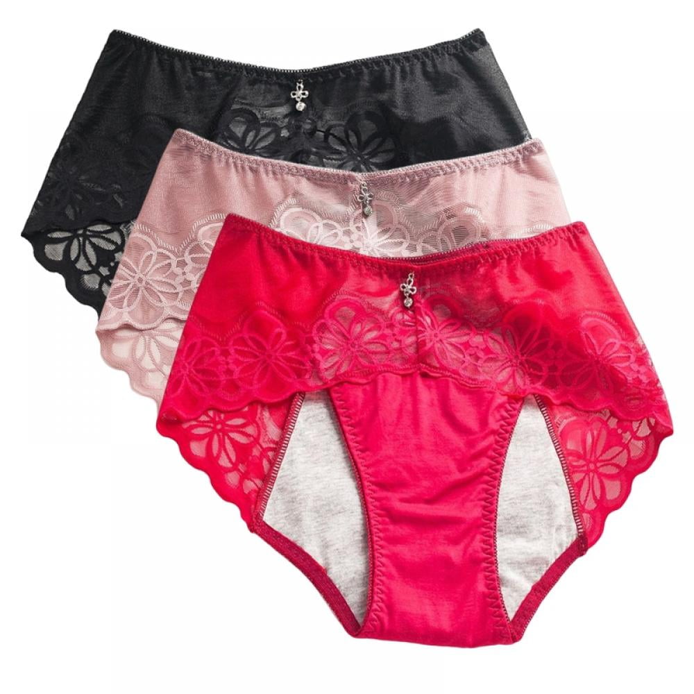 3 Pack Women Lace Menstrual Period Panties Leak Proof Sanitary Cotton