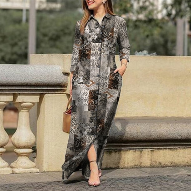 Vestido largo bohemio con cuello en V para mujer vestido Vintage dividido vestido camisero Retro para primavera y verano