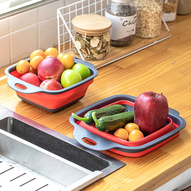 maskred Drain Basket Foldable Colander Fruit Vegetable Washing Storage Retractable Strainer Household Kitchen Container Supplies Red Small 1 Pc