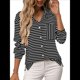 thumbnail image 1 of Camisas de Mujer con Botones, Blusas Clásicas A Rayas de Larga con Cuello y Bolsillo para Oficina. Negro XXL, 1 of 9