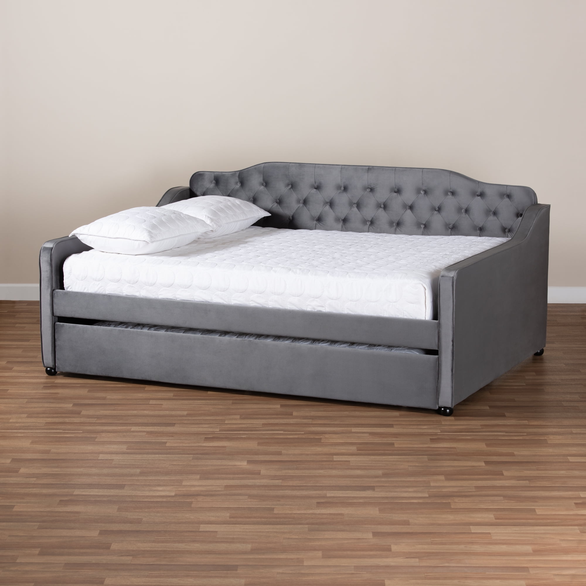 Baxton Studio Freda Transitional and Contemporary Grey Velvet Upholstered and Button Tufted Queen Size Daybed with Trundle